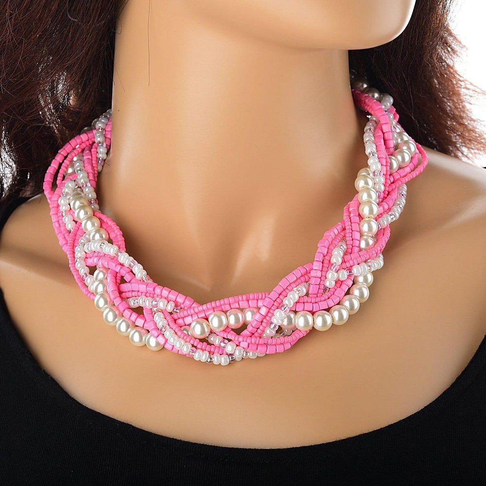 Колье розовое из бисера с кристаллами - интернет магазин Русь Велика я 