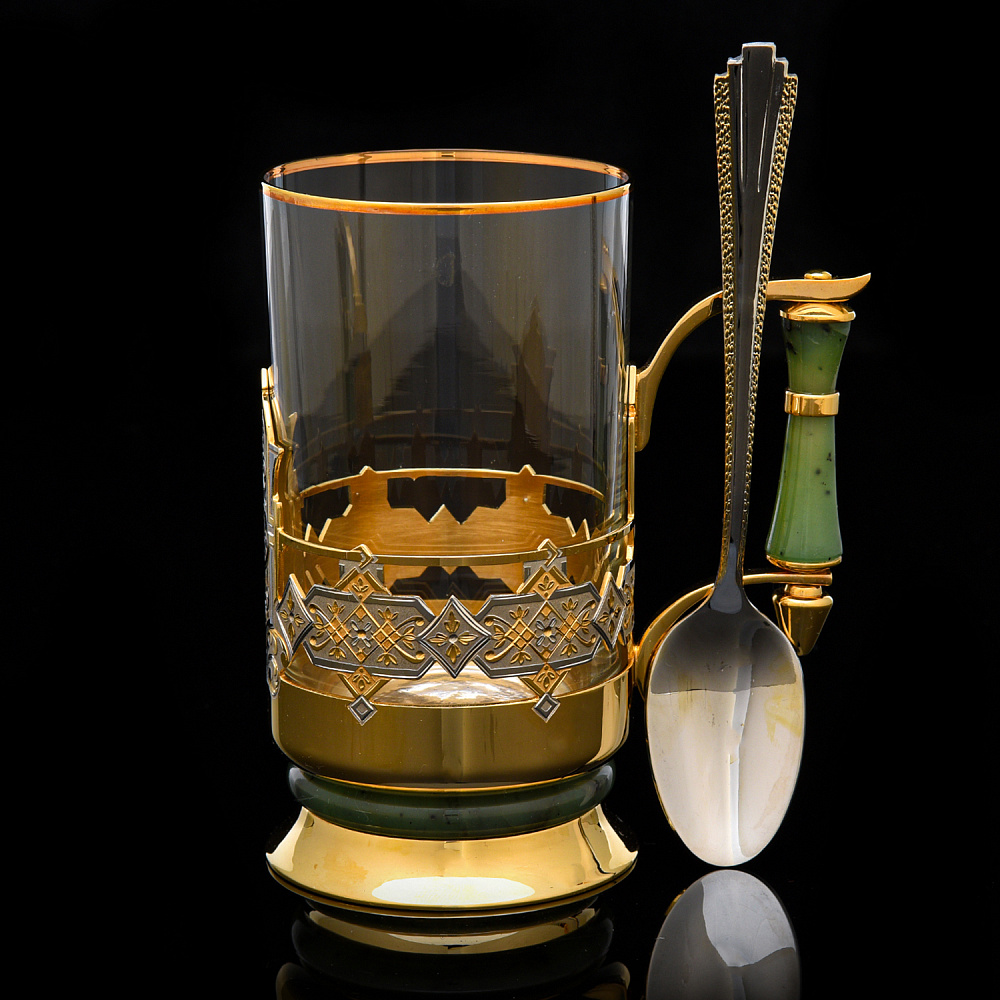 Подстаканник с золочением и нефритом «Орнамент». Златоуст - интернет магазин Русь Велика я 