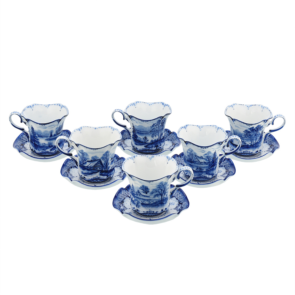 Чайный сервиз на 6 персон «Лето в деревне». Гжель - интернет магазин Русь Велика я фото 6