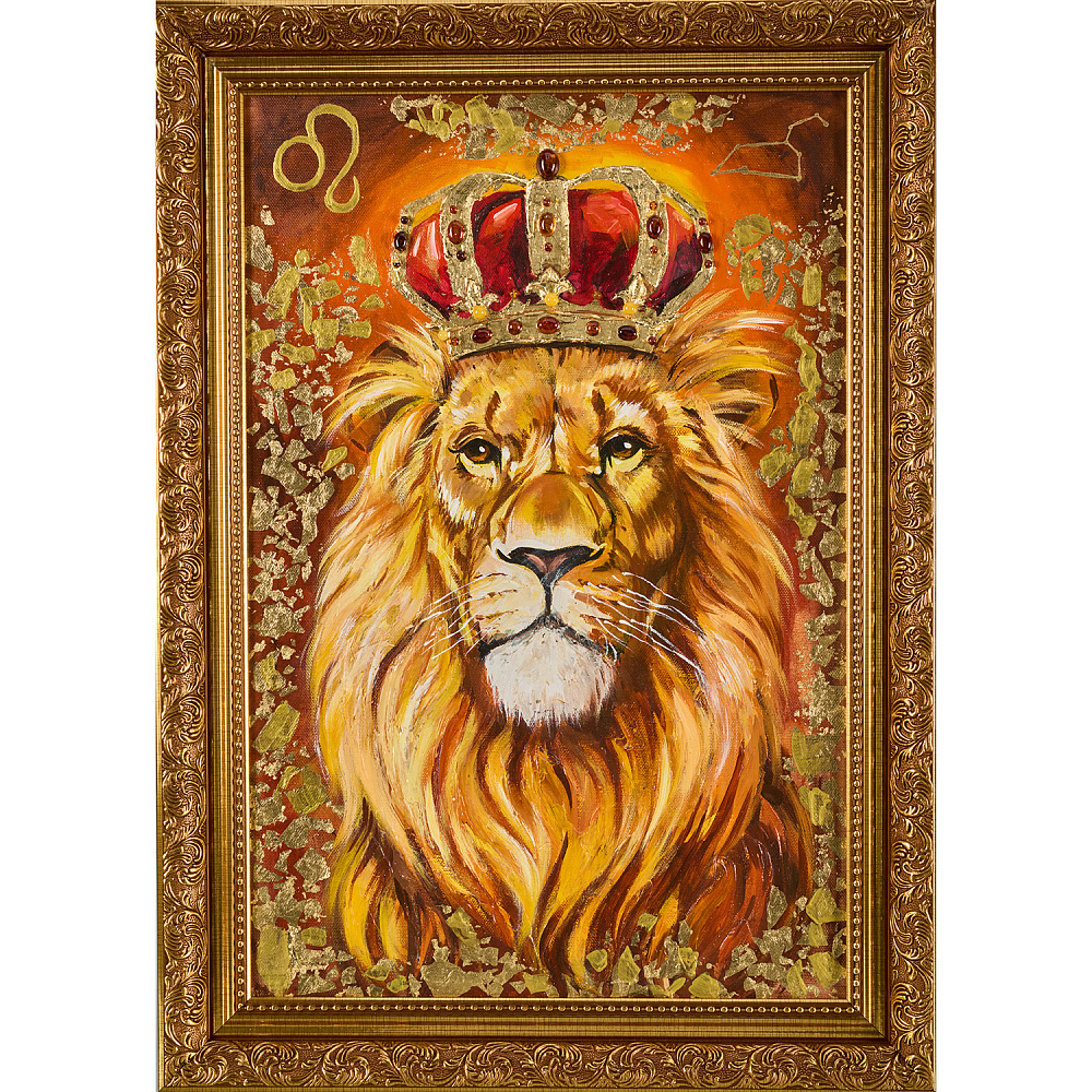 Картина с поталью и янтарем «Лев» 40х60 см - интернет магазин Русь Велика я 