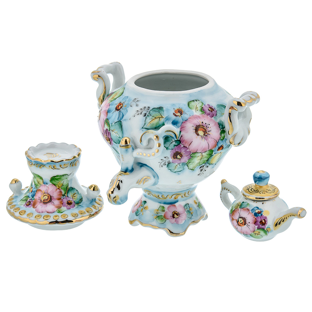 Сувенирный самовар-шкатулка «Цветы». Гжель в цвете - интернет магазин Русь Велика я фото 1