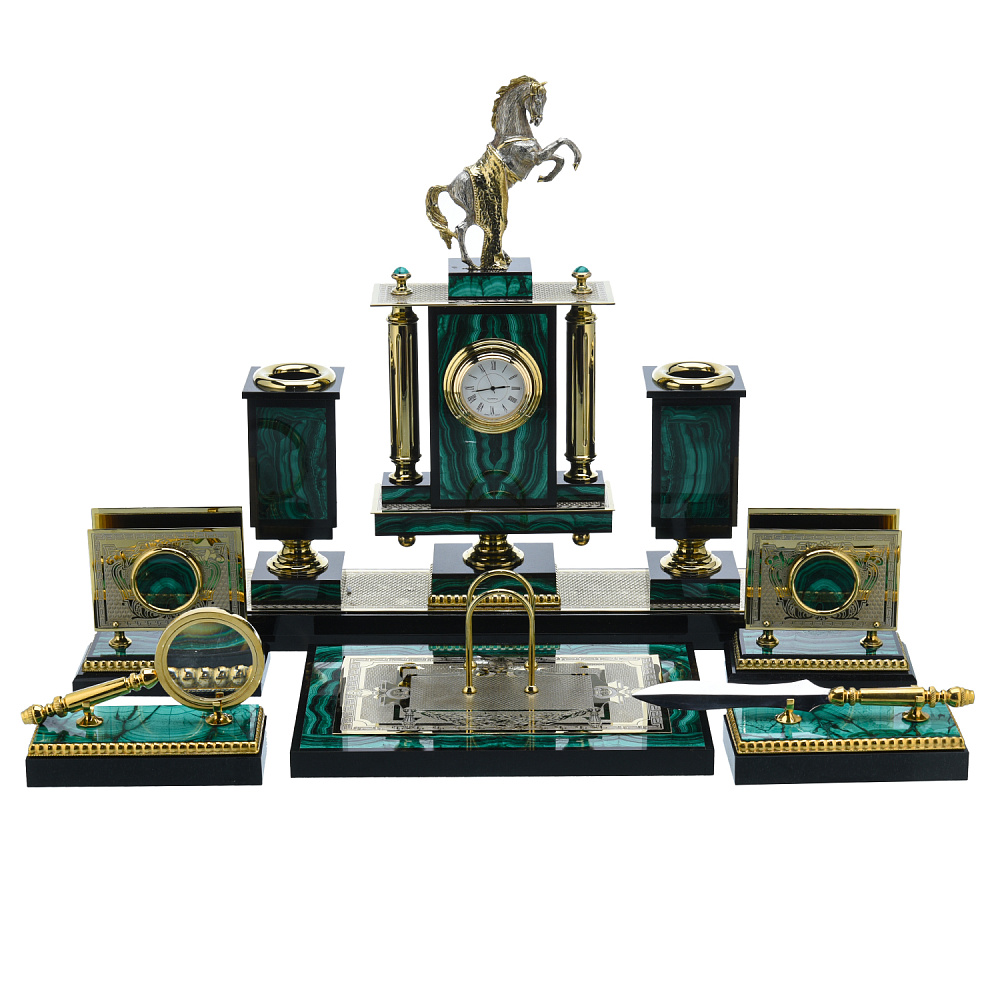 Настольный письменный набор из малахита с позолотой «Конь» - интернет магазин Русь Велика я 