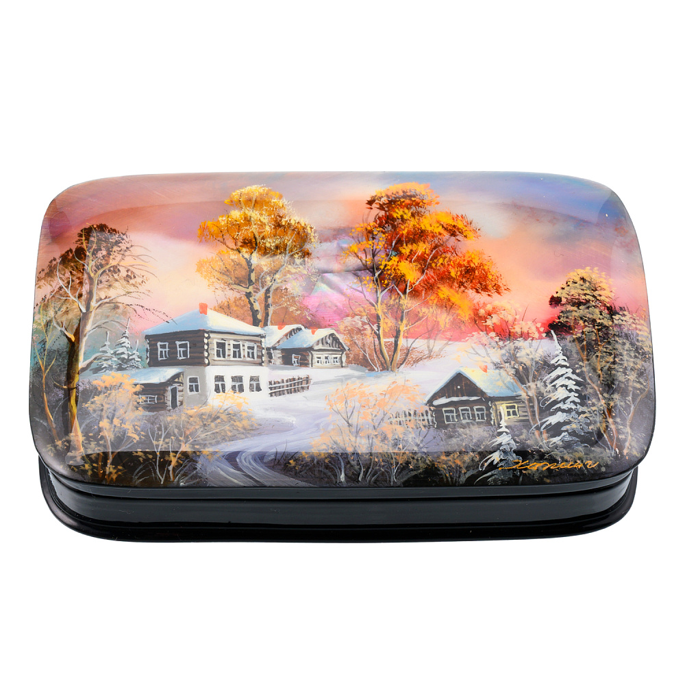 Шкатулка с художественной росписью «Зима в деревне» - интернет магазин Русь Велика я 