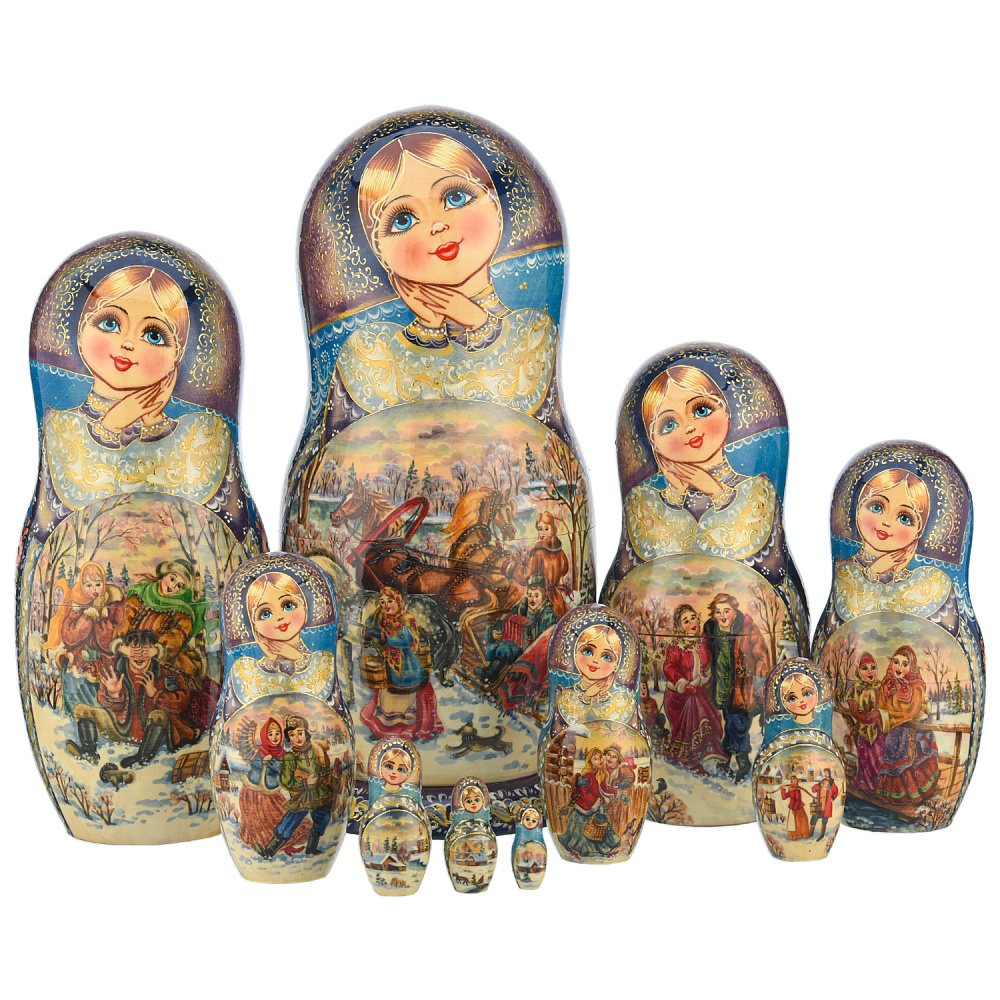 Матрешка «Гуляние. Зима» 10 мест - интернет магазин Русь Велика я 