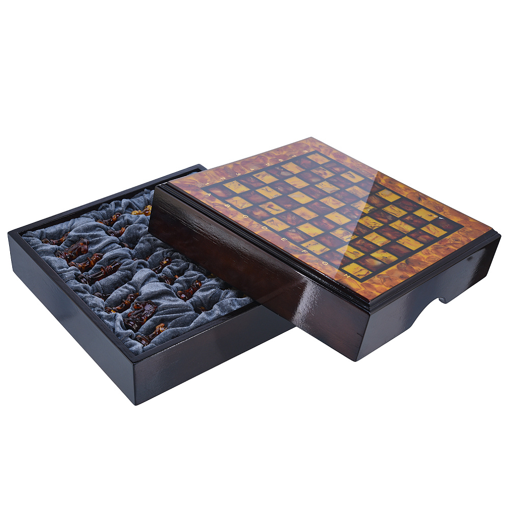 Шахматный ларец с инкрустацией и фигурами из янтаря 30х30 см - интернет магазин Русь Велика я фото 8