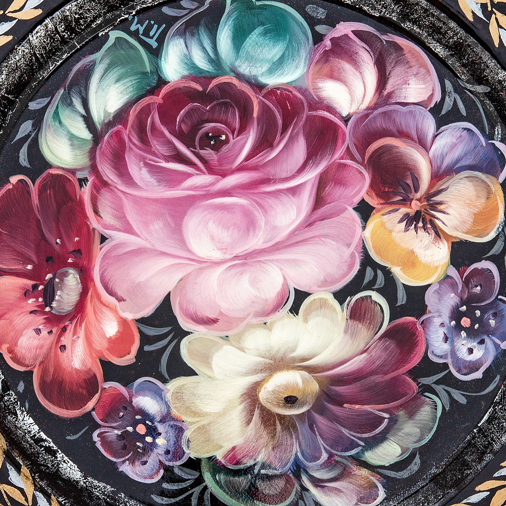 Поднос с авторской росписью «Цветы» 17х16 см - интернет магазин Русь Велика я фото 1