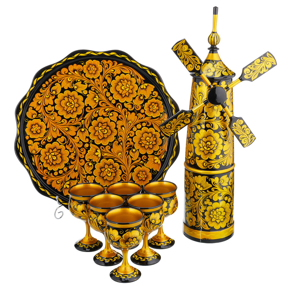 Питейный набор на 6 персон с росписью «Мельница». Хохлома - интернет магазин Русь Велика я 