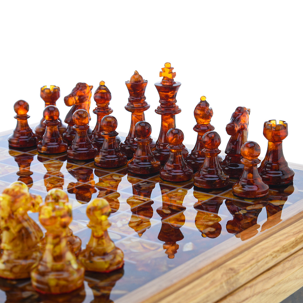 Шахматы с инкрустацией и фигурами из янтаря 28х28 см - интернет магазин Русь Велика я фото 1