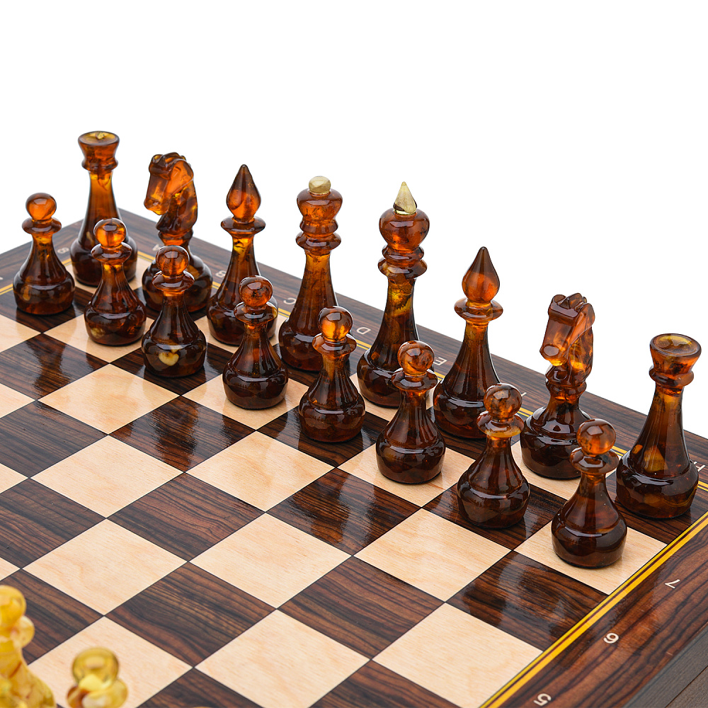 Шахматы деревянные с янтарными фигурами 37х37 см - интернет магазин Русь Велика я фото 1