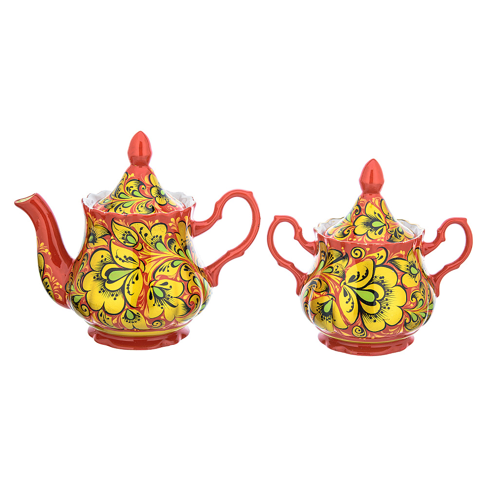 Чайный сервиз на 6 персон «Кудрина красная с зеленью». Хохлома - интернет магазин Русь Велика я фото 3