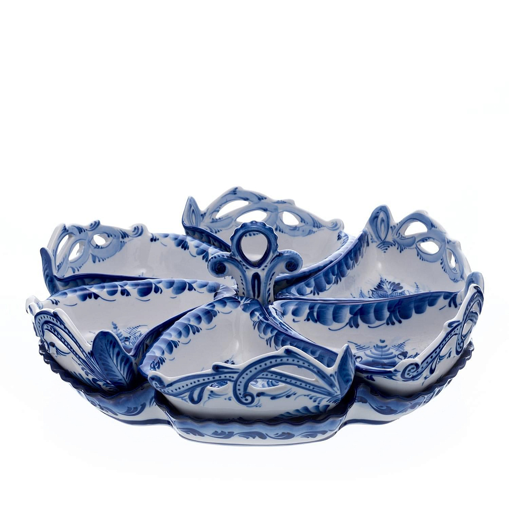 Менажница большая. 6 салатников на блюде. Гжель - интернет магазин Русь Велика я 