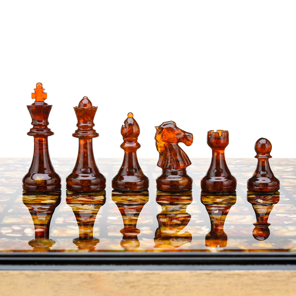 Шахматный ларец с инкрустацией и фигурами из янтаря 30х30 см - интернет магазин Русь Велика я фото 3