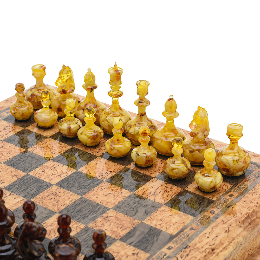 Шахматы из карельской березы с янтарными фигурами 37х37 см - интернет магазин Русь Велика я фото 7