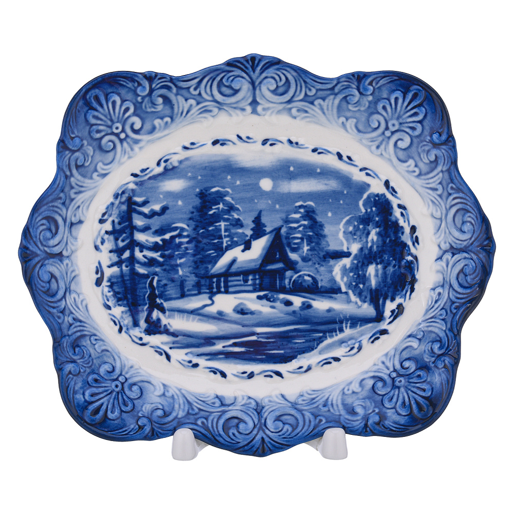 Тарелка декоративная «Зима в деревне». Гжель - интернет магазин Русь Велика я 