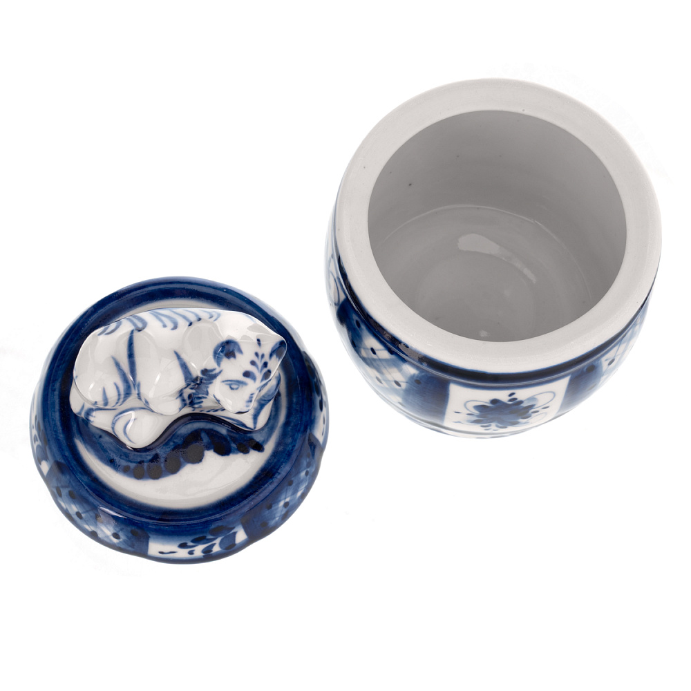 Медовница фарфоровая с росписью «Бочонок с медведем». Гжель - интернет магазин Русь Велика я фото 1