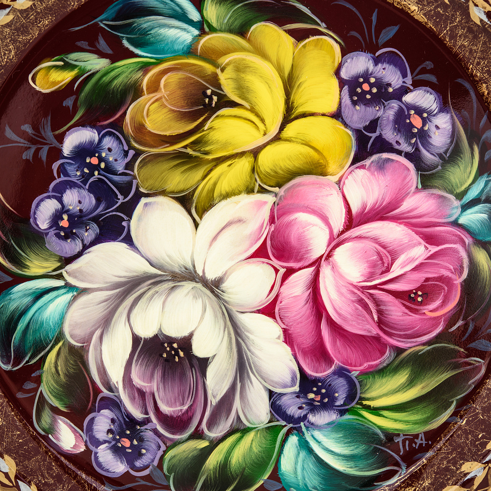 Поднос с авторской росписью «Цветы» 21 см - интернет магазин Русь Велика я фото 1