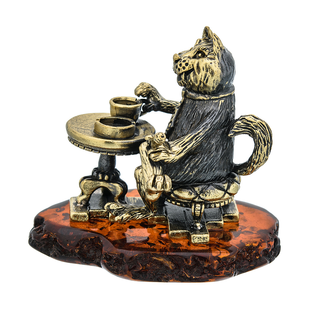 Статуэтка с янтарем «Кот с чашечкой кофе» - интернет магазин Русь Велика я фото 1
