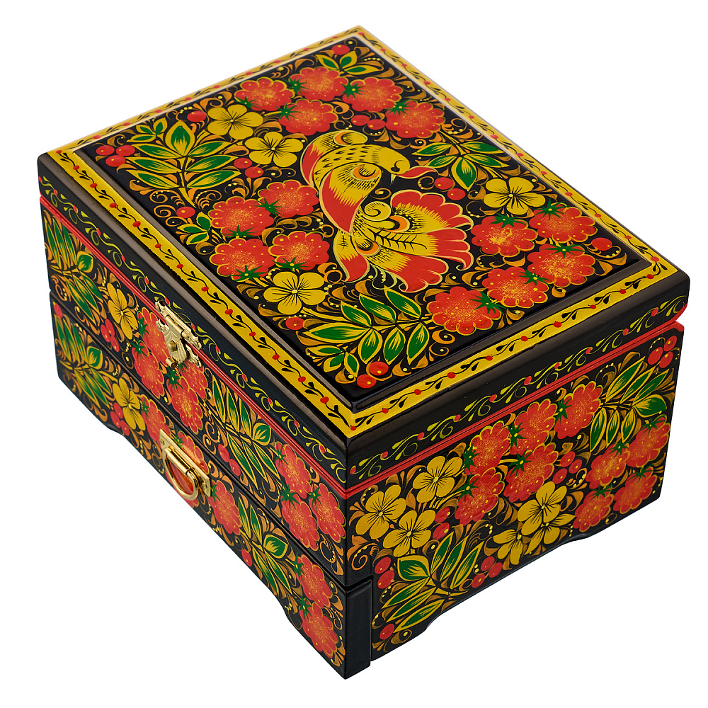 Шкатулка деревянная для украшений «Птичка и малина». Хохлома - интернет магазин Русь Велика я фото 1