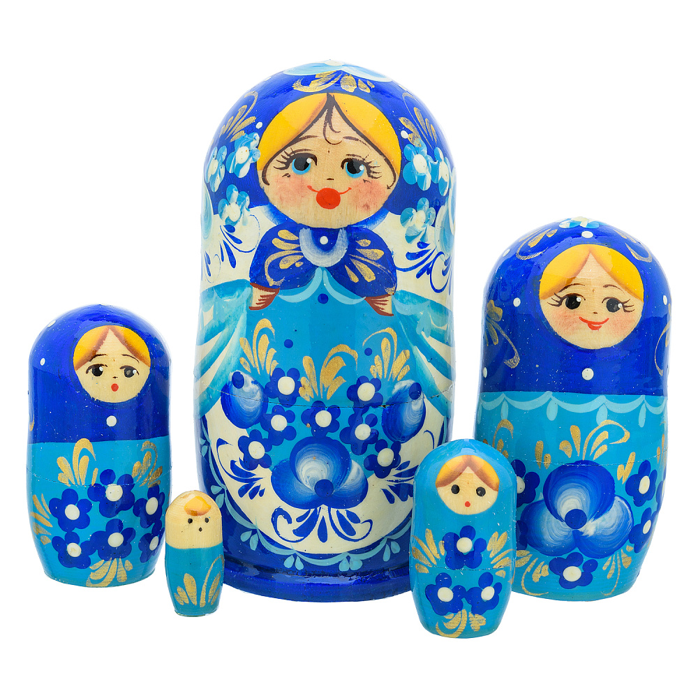 Матрешка «Гжель» 5 мест - интернет магазин Русь Велика я 