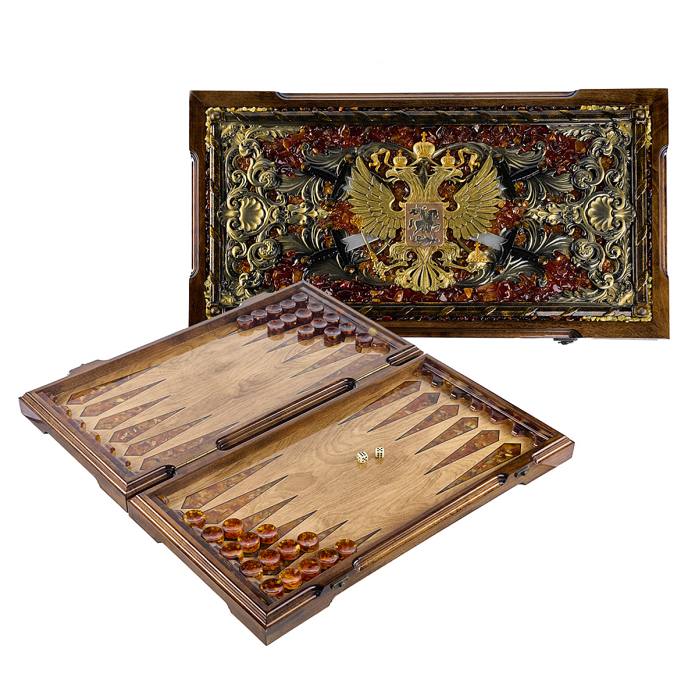 Нарды янтарные «Герб РФ» 56х30 см - интернет магазин Русь Велика я 