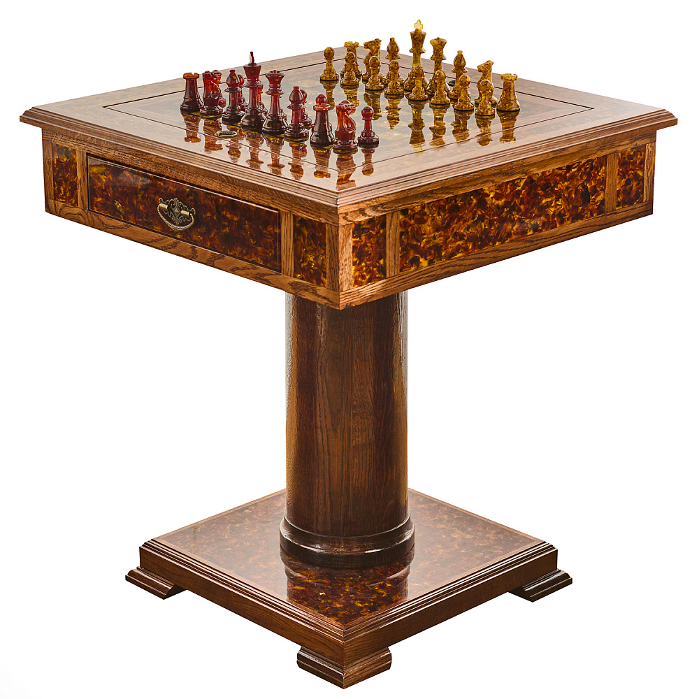 Янтарный стол с шахматами и нардами 62х62 см - интернет магазин Русь Велика я 