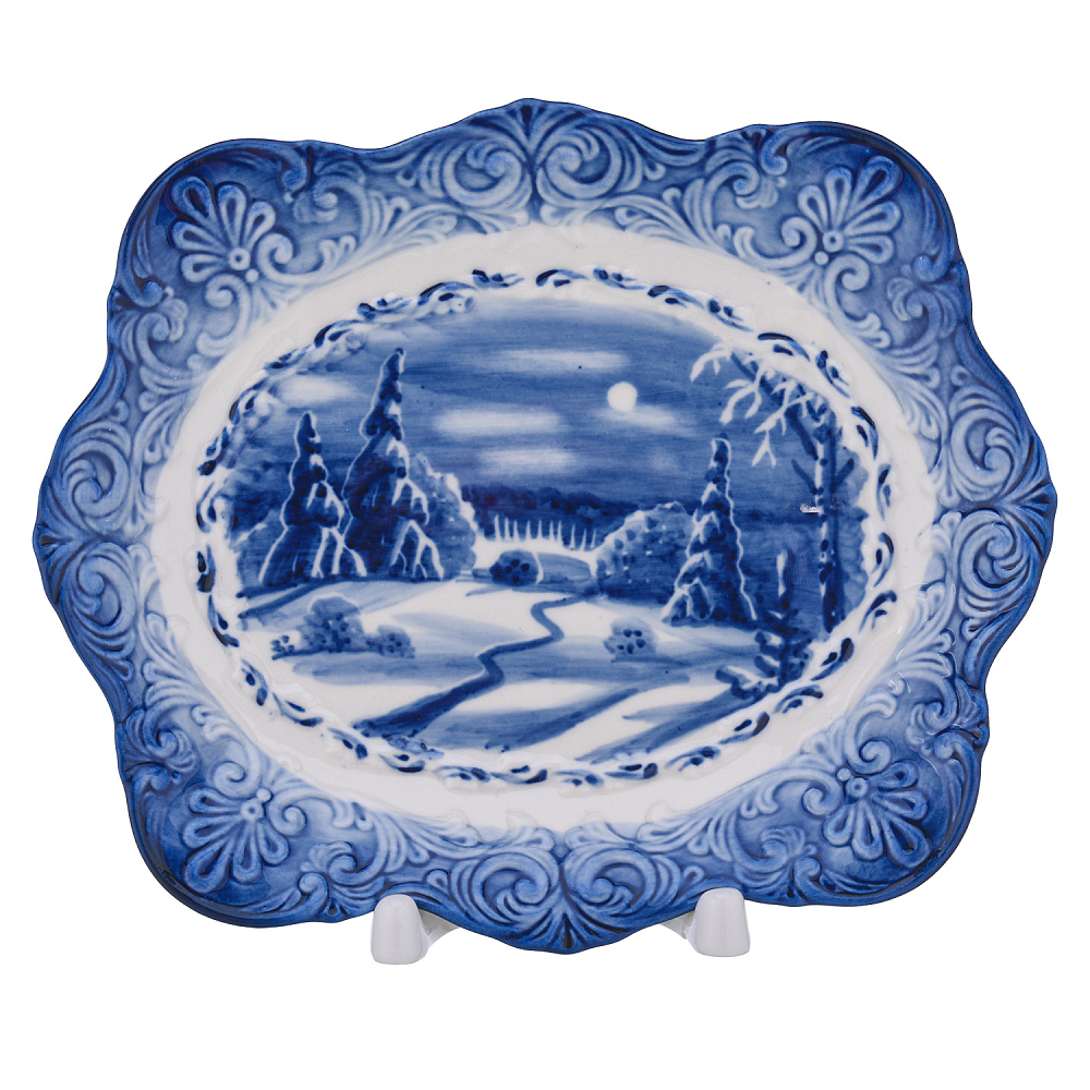 Тарелка декоративная «Зимний пейзаж». Гжель - интернет магазин Русь Велика я 