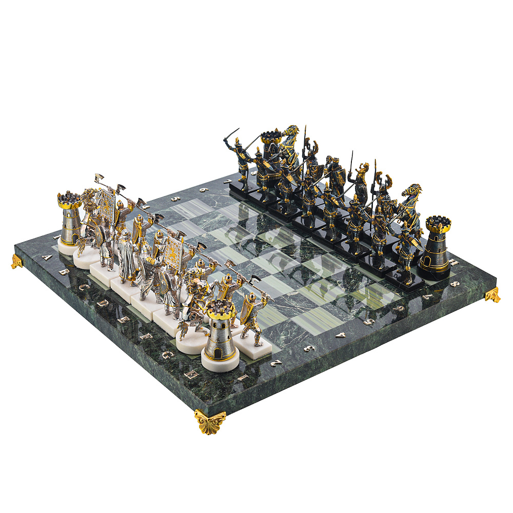 Шахматы с полем из камня и фигурами из серебра «Сражение» 38х38 см - интернет магазин Русь Велика я 