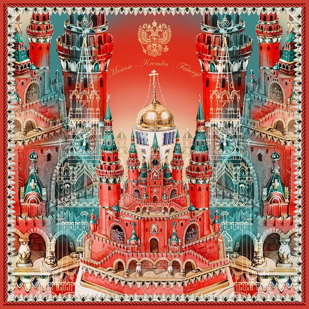 Платок шелковый «Москва Кремль Фаберже» 90х90 см - интернет магазин Русь Велика я 