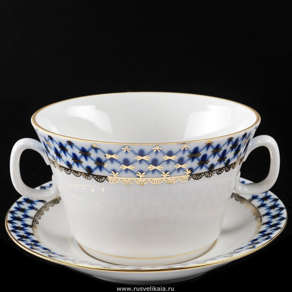 Чашка бульонная с блюдом «Кобальтовая сетка» форма «Молодежная» ИФЗ - интернет магазин Русь Велика я 