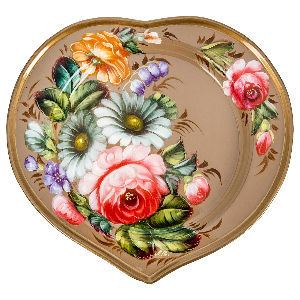 Поднос с авторской росписью «Цветы» 17х16 см - интернет магазин Русь Велика я 