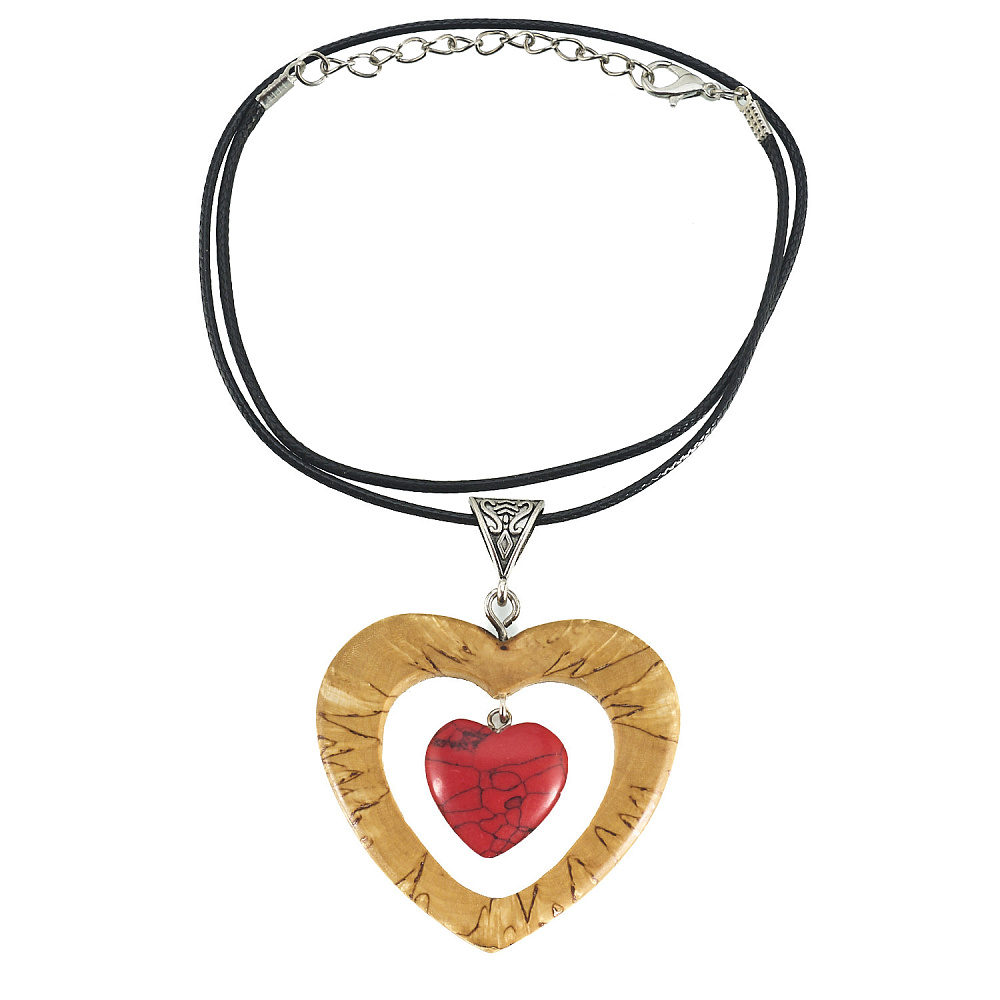 Кулон из карельской березы и коралла «Два сердца» - интернет магазин Русь Велика я 