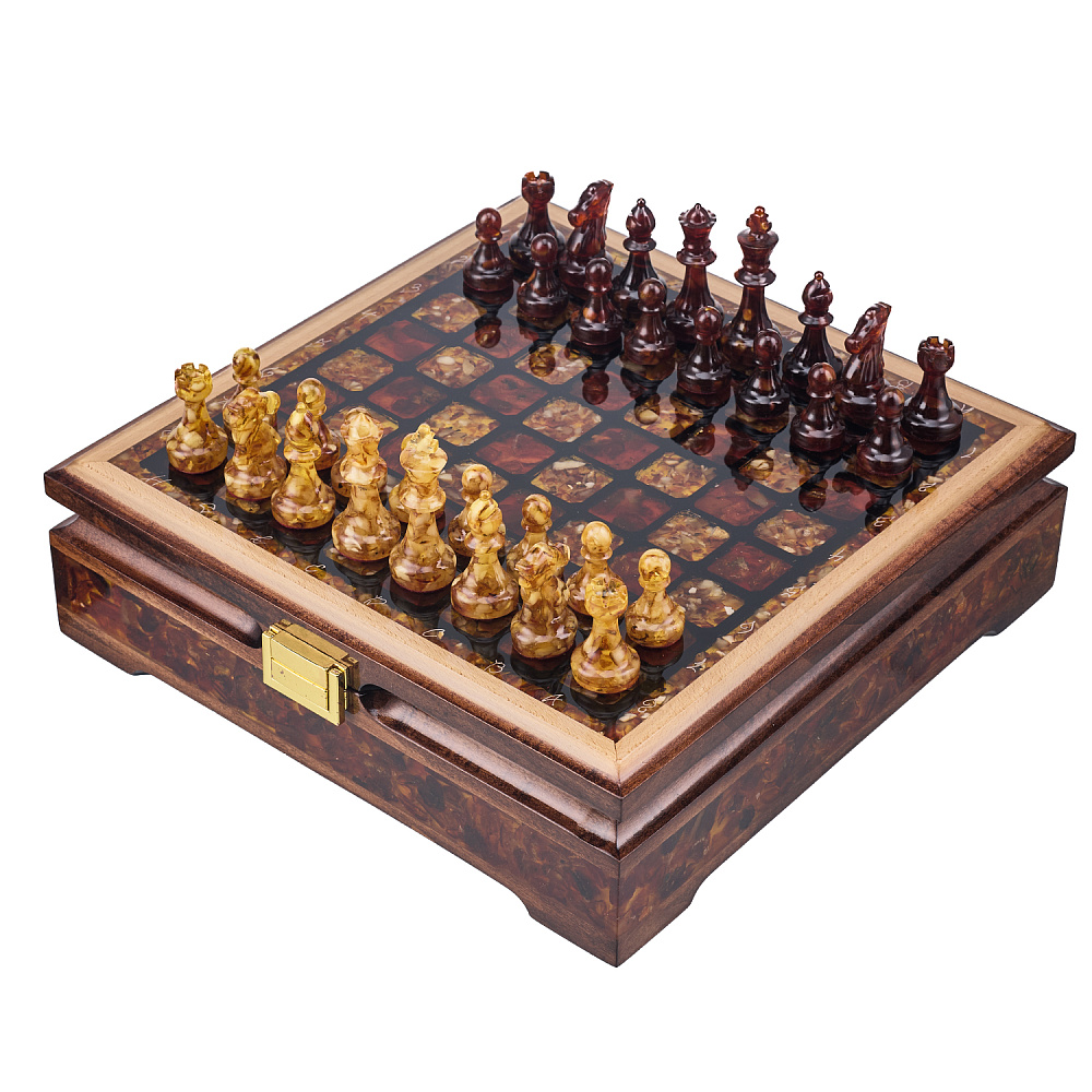 Шахматы с инкрустацией и фигурами из янтаря 28х28 см - интернет магазин Русь Велика я 