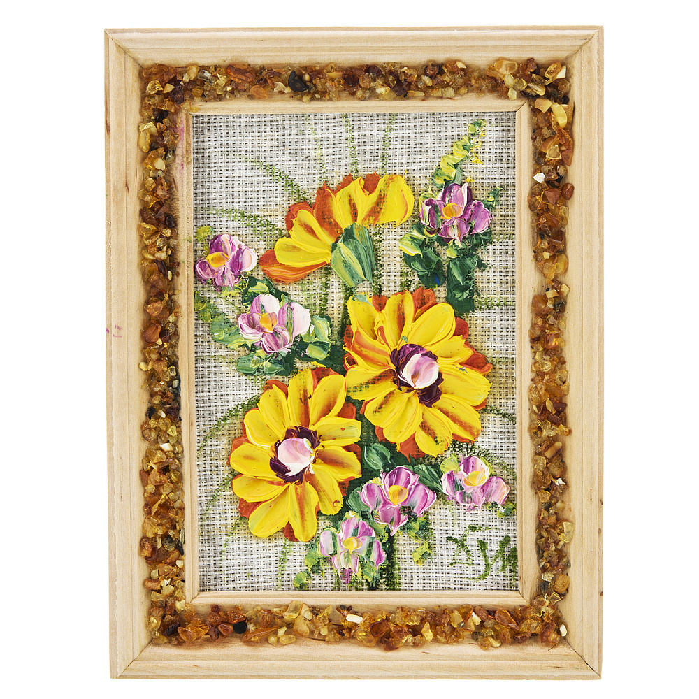 Панно в янтарной раме «Букет цветов» 12,5х16,5 см - интернет магазин Русь Велика я 