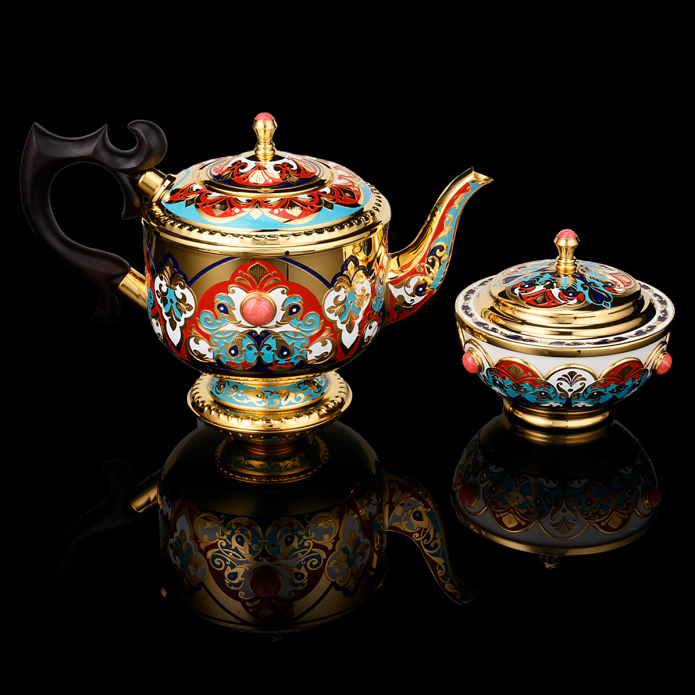 Чайный сервиз с позолотой и эмалью на 4 персоны «Купеческий». Златоуст - интернет магазин Русь Велика я фото 1