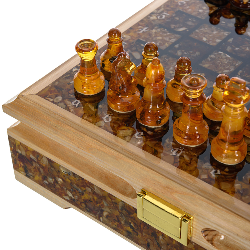 Шахматный ларец с инкрустацией и фигурами из янтаря 28х28 см - интернет магазин Русь Велика я фото 2