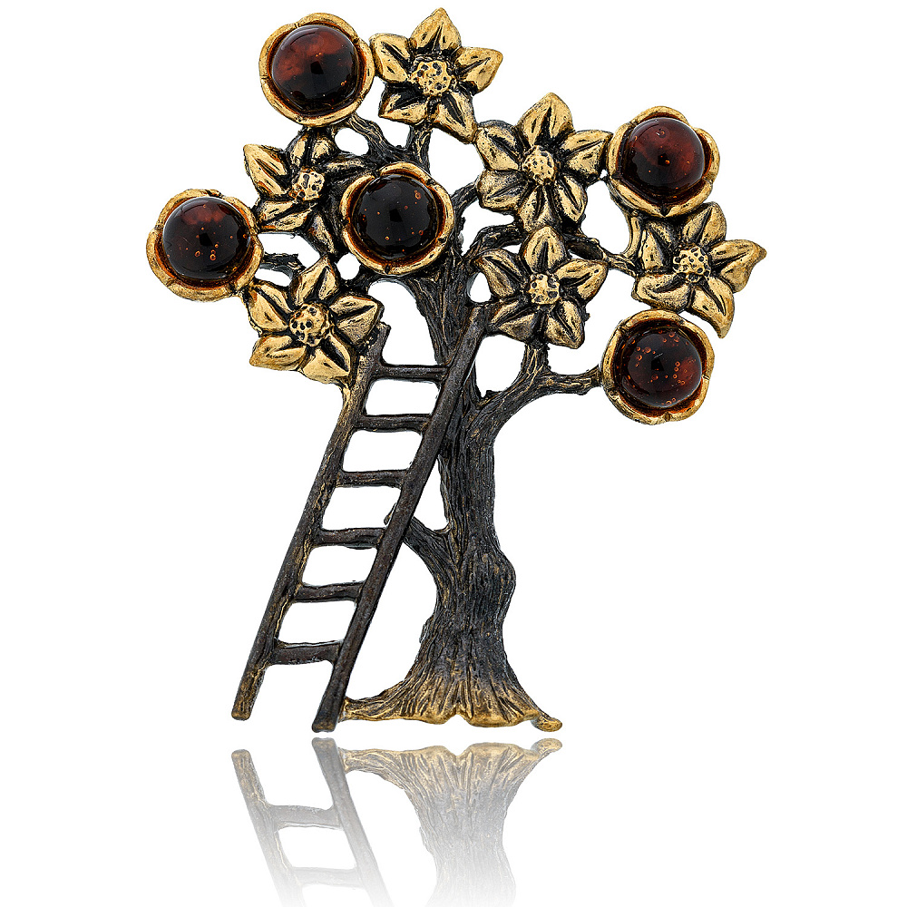 Брошь с янтарем «Урожай яблок» (коньячный) - интернет магазин Русь Велика я 