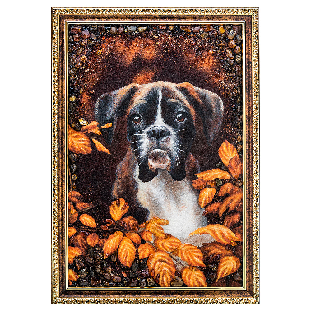 Картина янтарная «Щенок боксера в осеннем лесу» 60х40 см - интернет магазин Русь Велика я 