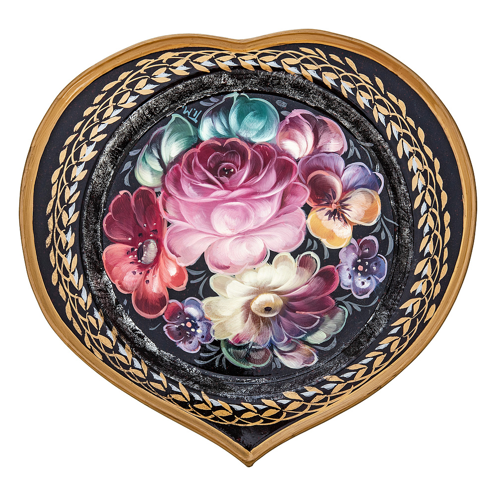 Поднос с авторской росписью «Цветы» 17х16 см - интернет магазин Русь Велика я 