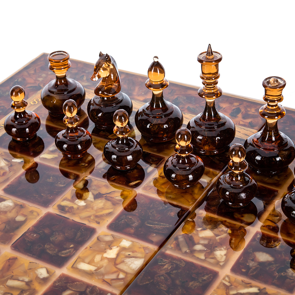 Шахматы с инкрустацией и фигурами из янтаря 46х23 см - интернет магазин Русь Велика я фото 1