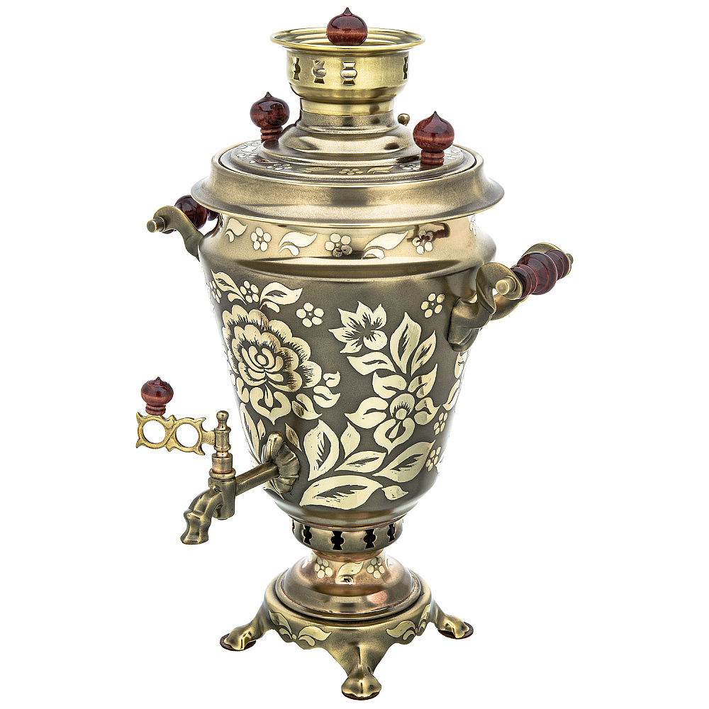Самовар латунный жаровой 5л «Цветы». Форма Рюмка - интернет магазин Русь Велика я фото 3