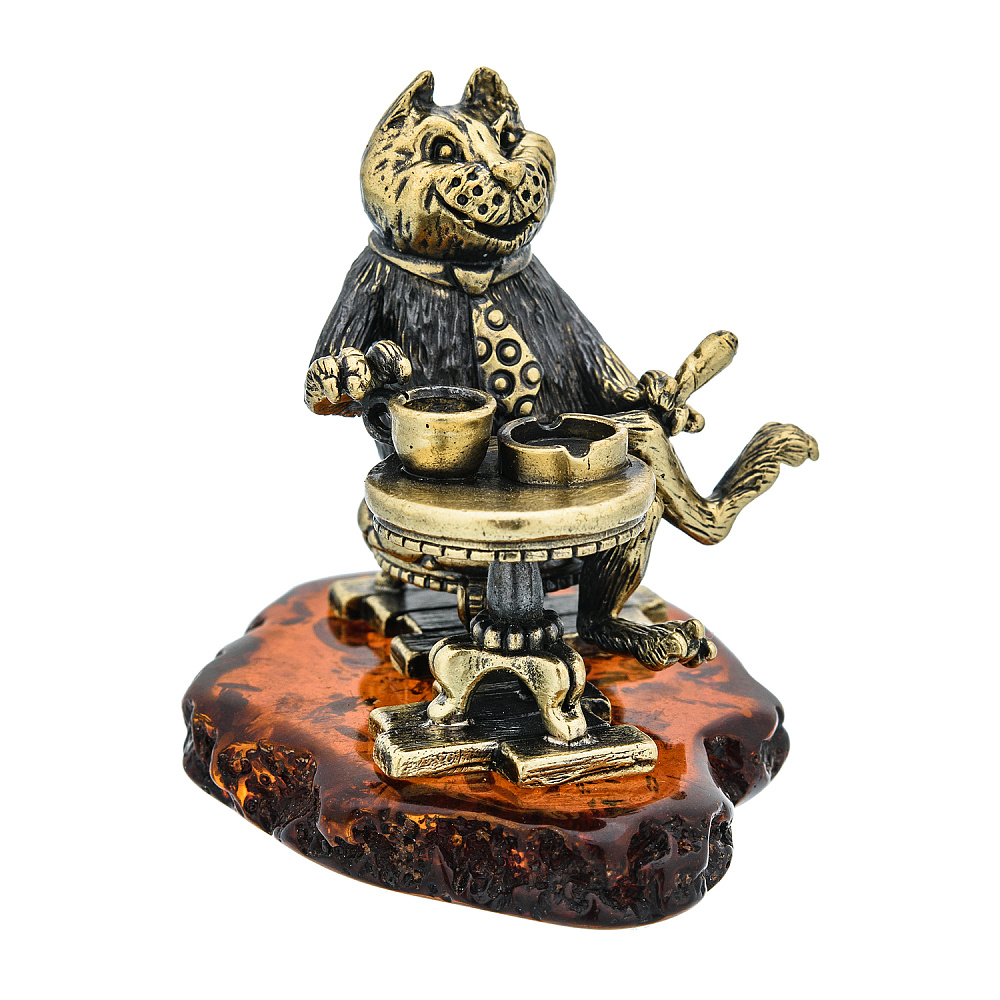 Статуэтка с янтарем «Кот с чашечкой кофе» - интернет магазин Русь Велика я фото 4