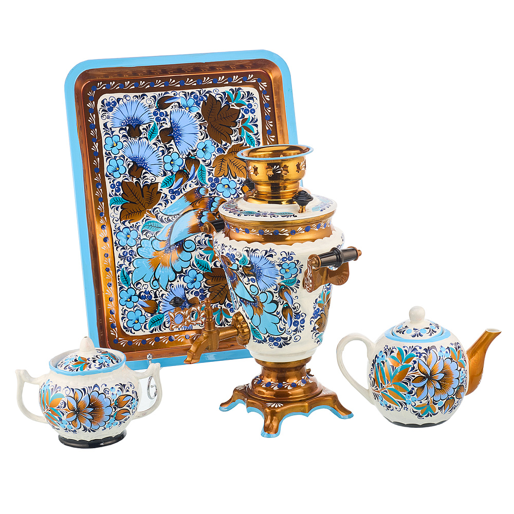 Самовар электрический 1,5 л с сервизом «Васильки». Хохлома - интернет магазин Русь Велика я фото 1