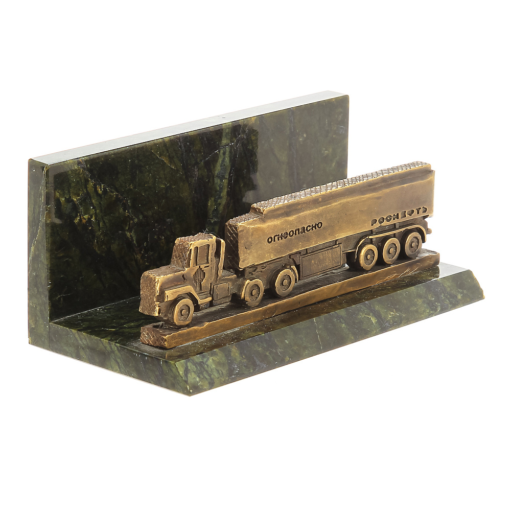 Настольная визитница из бронзы «Бензовоз» на подставке из змеевика - интернет магазин Русь Велика я 