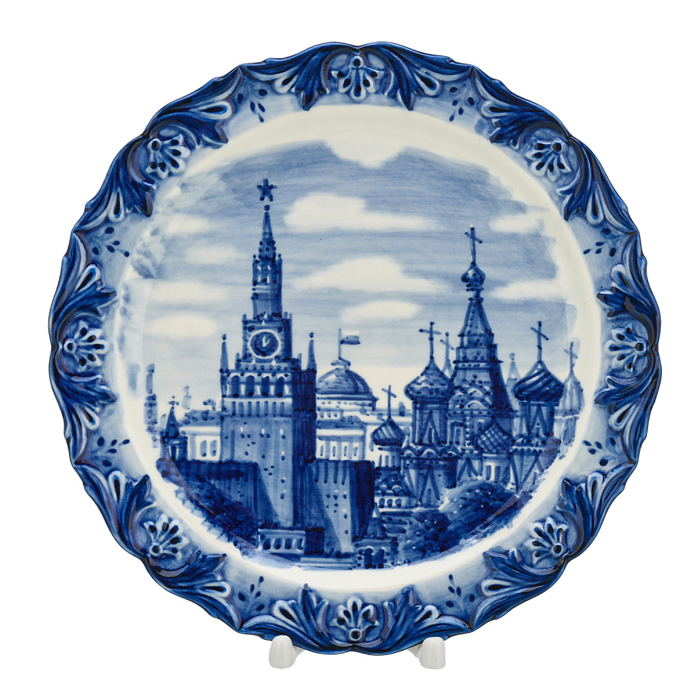Тарелка сувенирная «Кремль. Храм Василия Блаженного». Гжель - интернет магазин Русь Велика я 