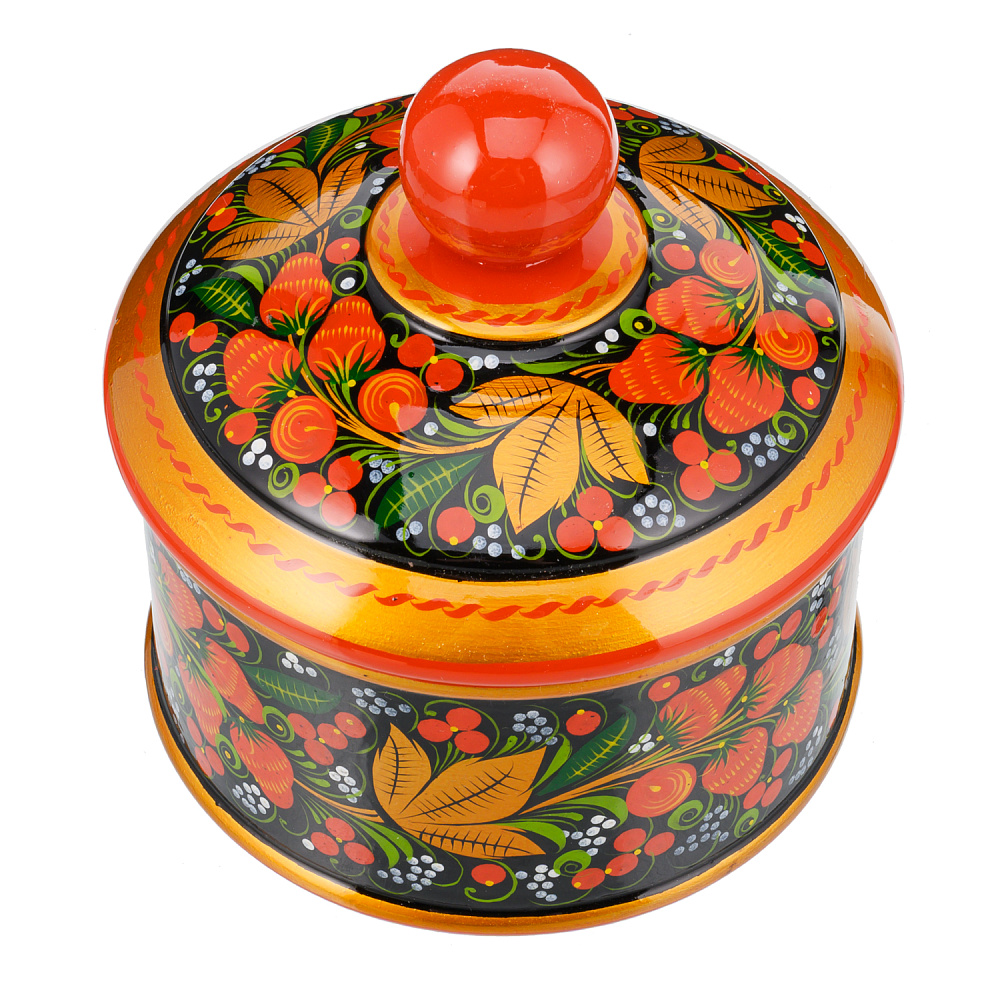 Деревянная круглая шкатулка с росписью «Клубника». Хохлома - интернет магазин Русь Велика я 