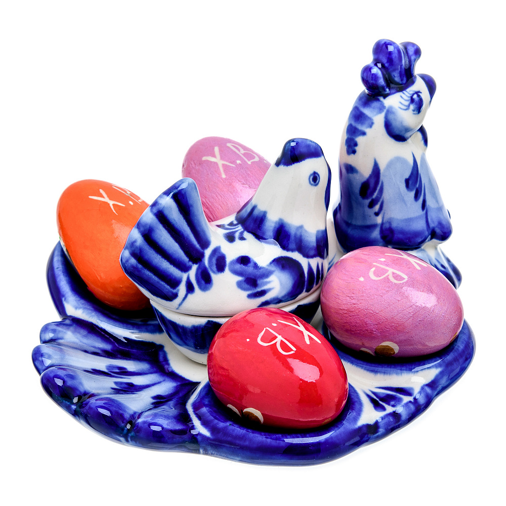 Пасхальница на 4 яйца «Курочка» с солонкой. Гжель - интернет магазин Русь Велика я фото 3