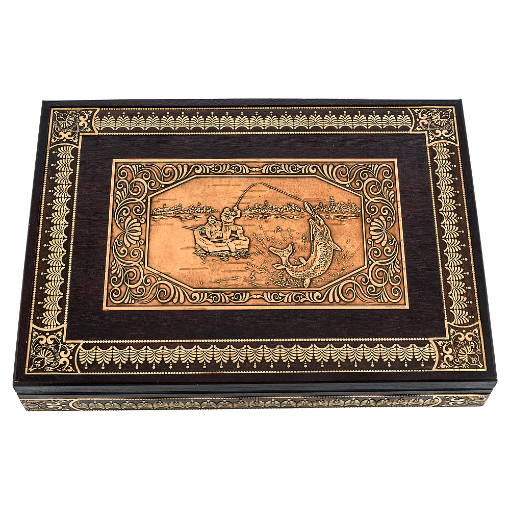 Деревянная шкатулка из бересты под формат A4 «Рыбалка» - интернет магазин Русь Велика я 