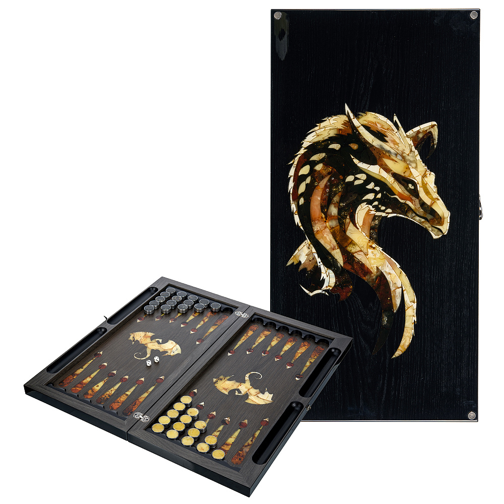 Деревянные нарды с янтарной инкрустацией «Дракон» 60х30 см - интернет магазин Русь Велика я 