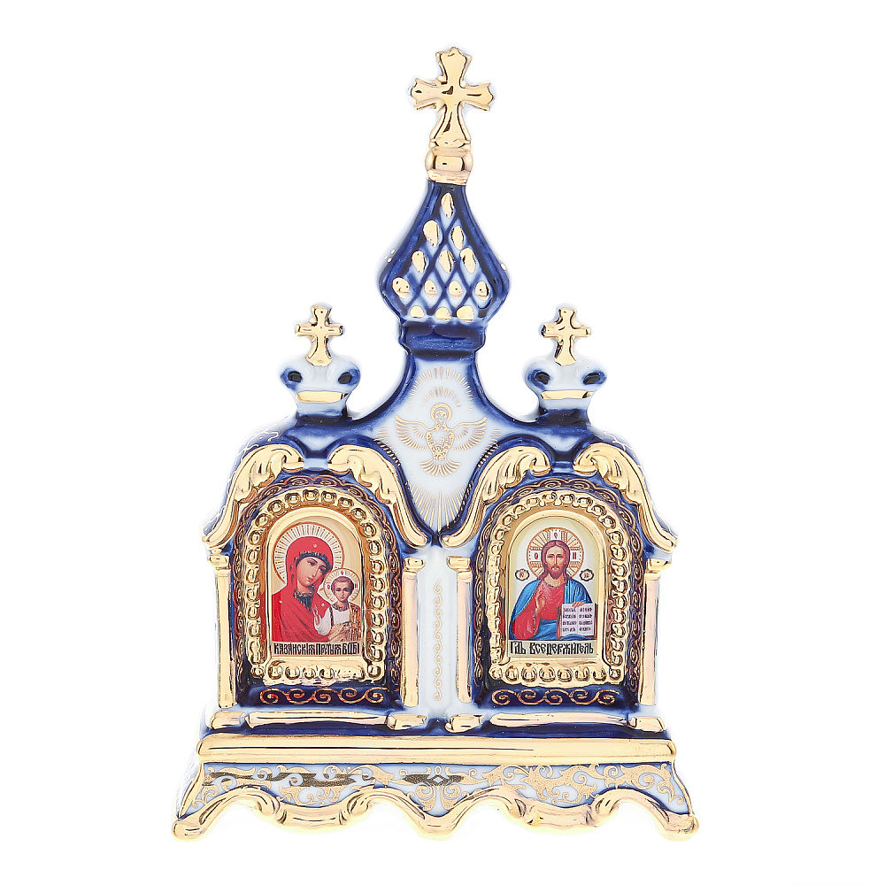 Киот настольный «Богородица и Иисус Христос». Гжель 14х9,5 см - интернет магазин Русь Велика я 