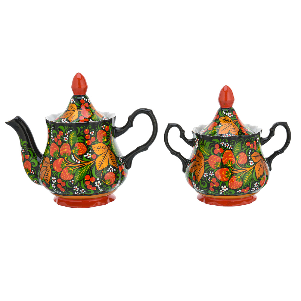 Чайный сервиз на 6 персон «Клубника». Хохлома - интернет магазин Русь Велика я фото 1